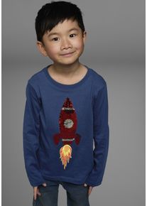Langarmshirt Kidsworld "Rakete aus Wendepailletten", Jungen, Gr. 128/134, blau (marine), Single Jersey, Obermaterial: 100% Baumwolle, bedruckt, Basic, Rundhals, Shirts Langarmshirt, lang&auml;rmelige, Basic-Passform, aus Jerseystoff, aus Baumwolle, Topseller