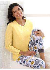 Schlafhose, Damen, Gr. 44/46, Normalgr&ouml;&szlig;en, gelb (ecru, zitrone, bedruckt), 100% Baumwolle, gemustert, mehrfarbig, Hosen Schlafhose