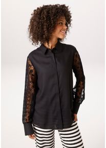 Hemdbluse Aniston CASUAL, Damen, Gr. 48, schwarz, Web, Obermaterial: 100% Viskose. &Auml;rmel: 60% Baumwolle, 40% Polyamid, unifarben, oversize Po-bedeckend, 1-Knopf-Manschette, Blusen Hemdbluse, mit langen &Auml;rmeln aus aufw&auml;ndiger Spitze - NEUE KOLLEKTION, Topseller