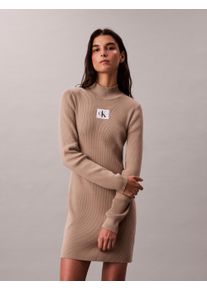 Strickkleid Calvin Klein Jeans "LS T NECK MINI DRESS", Damen, Gr. XXS (34), N-Gr, beige (pueblo sand), Strick, Obermaterial: 100% Baumwolle, unifarben, figurbetont mini, Rundhals, eingesetzt gerader Abschluss, Kleider Strickkleid, Mit Rundhalsausschnitt, figurbetont