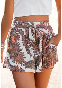 Strandshorts Lascana, Damen, Gr. 38, N-Gr, bunt (wei&szlig;, bedruckt), Jersey, Obermaterial: 100% Viskose, figurumspielend kurz, Hosen Strandshorts, mit Bindeband und Paisleydruck, elastischer Bund, kurze Hose