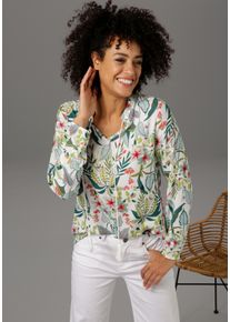 Schlupfbluse Aniston CASUAL, Damen, Gr. 42, bunt (wollwei&szlig;, dunkelgr&uuml;n, apfelgr&uuml;n, hellt&uuml;rkis, rot, orange, rosa, olivgr&uuml;n), Web, Obermaterial: 100% Viskose, bedruckt, gebl&uuml;mt, gemustert, figurumspielend h&uuml;ftbedeckend, V-Ausschnitt, Blusen Schlupfbluse, mit Bl&uuml;ten und Bl&auml;ttern bedruckt, Topseller