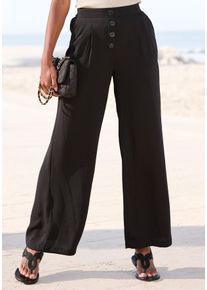 Palazzohose Lascana, Damen, Gr. 46, N-Gr, schwarz, Stoff, Obermaterial: 100% Polyester, unifarben, figurumspielend lang, Hosen Palazzohose, mit Zierkn&ouml;pfen und bequemen Bund, leichte Stoffhose mit Taschen, Topseller