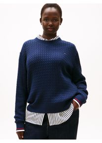 Strickpullover Tommy Hilfiger Curve "CRV CO CABLE FINE GG C-NK LS SWT", Damen, Gr. 48, schwarz night navy gs tipping, Strick, Obermaterial: 100% Baumwolle, figurbetont normal, Rundhals, Rippstrickb&uuml;ndchen, Pullover Strickpullover, in gro&szlig;en Gr&ouml;&szlig;en, mit Zopfmuster