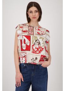 Schlupfbluse monari, Damen, Gr. 40, beige (rot beige gemustert), Web, Obermaterial: 97% Polyester, 3% Elasthan. R&uuml;ckenteil: 50% Baumwolle, 50% Modal, gemustert, mehrfarbig, regular fit normal, Rundhals, angeschnitten abgesteppte Kante, Blusen Schlupfbluse, mit Alloverprint