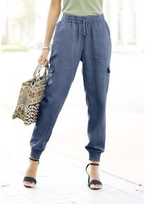 Schlupfhose Lascana, Damen, Gr. 46, N-Gr, blau (denim, blau), Web, Obermaterial: 100% Lyocell, washed, figurumspielend lang, Hosen Schlupfhose, in Denim-Optik mit Cargotaschen, leicht und luftig, Topseller