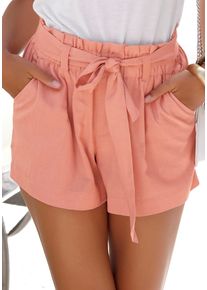Shorts Lascana, Damen, Gr. 42, N-Gr, beige (puder), Web, Obermaterial: 58% Viskose, 28% Baumwolle, 14% Leinen, unifarben, figurumspielend kurz, Hosen Shorts, im Paperbag-Stil aus Leinenmix, kurze Hose, Leinenhose, Topseller