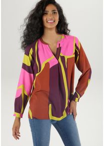 Schlupfbluse Aniston SELECTED, Damen, Gr. 46, bunt (aubergine, pink, braun, senf), Web, Obermaterial: 100% Viskose, bedruckt, l&auml;ssig geschnitten h&uuml;ftbedeckend, V-Ausschnitt, 1-Knopf-Manschette, Blusen Schlupfbluse, mit leicht gl&auml;nzendem Samtband am Ausschnitt