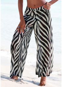 Strandhose French Connection, Damen, Gr. 46, N-Gr, schwarz (schwarz, creme bedruckt), Mesh, Obermaterial: 95% Polyester, 5% Elasthan, bedruckt, figurumspielend lang, Hosen Strandhose, aus transparenter Meshware, Palazzohose, Topseller