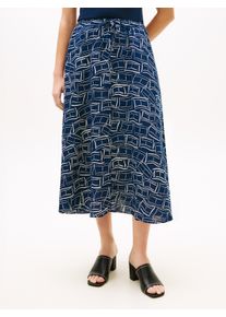A-Linien-Rock Tommy Hilfiger "ESS LINEN FLARE MIDI SKIRT", Damen, Gr. L (42/44), flag feathers schwarz night navy, Web, Obermaterial: 100% Leinen, bedruckt, ausgestellt wadenlang, R&ouml;cke A-Linien-Rock, mit Allover-Print
