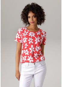 T-Shirt Aniston CASUAL, Damen, Gr. 48, rot (rot, wei&szlig;), Single Jersey, Obermaterial: 100% Baumwolle, bedruckt, gebl&uuml;mt, figurumspielend h&uuml;ftbedeckend, Rundhals, Shirts T-Shirt, allover mit bunten Bl&uuml;ten bedruckt, Topseller
