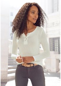 Langarmshirt Vivance "mit kurzer Knopfleiste", Damen, Gr. 40/42, beige (creme), Rippware, Obermaterial: 95% Viskose, 5% Elasthan, unifarben, Basic, eng normal, Rundhals, Shirts Langarmshirt, aus weicher Ripp-Qualit&auml;t mit Viskose, Topseller