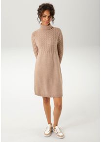 Strickkleid Aniston CASUAL, Damen, Gr. 44, N-Gr, braun (camelfarben), Feinstrick, Obermaterial: 50% Viskose, 28% Polyester, 22% Polyamid, meliert, unifarben, figurumspielend kniefrei, Rippstrickb&uuml;ndchen, Kleider Strickkleid, mit Zopfmuster im Oberteil und den langen &Auml;rmeln