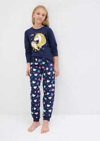 Pyjama bonprix, M&auml;dchen, Gr. 152/158, blau (dunkelblau bedruckt), Jersey, Obermaterial: 100% Baumwolle, bedruckt, Basic lang, Rundhals, Homewear-Sets Pyjama, bequeme Passform, aus Baumwolle, mit coolem Motiv