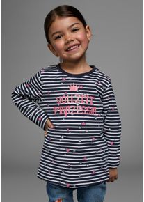 Langarmshirt Kidsworld "Vollzeit Prinzessin", M&auml;dchen, Gr. 104/110, blau (marine, wei&szlig;, gestreift), Jersey, Obermaterial: 95% Baumwolle, 5% Elasthan, bedruckt, gestreift, Basic h&uuml;ftlang, Rundhals, abgesteppte Kante, Shirts Langarmshirt, Langarm, Basic-Passform, mit Sternmuster, Rundhalsausschnitt