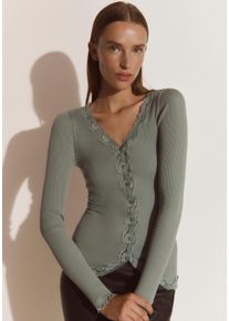 Strickjacke rosemunde "Babette Silk Cardigan mit Seide", Herren, Gr. M, gr&uuml;n (chinois gr&uuml;n), Feinripp, Obermaterial: 70% Seide, 30% Baumwolle, h&uuml;ftlang, V-Ausschnitt, gewellter Abschluss, Strickjacken Strickjacke, Vintage-Spitzenbesatz, Perlmuttknopfleiste, Langarm, Seidenmix