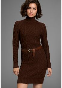 Strickkleid Laura Scott, Damen, Gr. 48, N-Gr, braun, Strick, Obermaterial: 50% Baumwolle, 50% Polyacryl, Zopfmuster, clean, unifarben, l&auml;ssig geschnitten mini, Rippb&uuml;ndchen, Kleider Strickkleid, mit Zopfstrickmuster und Stehkragen