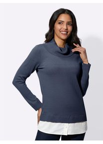 2-in-1-Pullover Classic Basics "2-in-1-Pullover", Damen, Gr. 38, blau (rauchblau, wei&szlig;), 100% Polyacryl, Webware:100% Baumwolle, unifarben, Pullover 2-in-1-Pullover