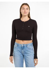 Langarmshirt Tommy Jeans "TJW CRP HENLEY TOP LS", Damen, Gr. XL (42), schwarz, Single Jersey, Obermaterial: 95% Baumwolle, 5% Elasthan, unifarben, Shirts Langarmshirt, in modischer Cropped Form