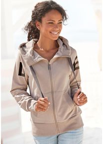 Sweatjacke ELBSAND "Kekoa", Damen, Gr. XXL (44), beige (sand), Sweatware, Obermaterial: 95% Baumwolle, 5% Elasthan, unifarben, figurumspielend h&uuml;ftlang, extrabreites B&uuml;ndchen, Sweatjacken Sweatjacke, mit gro&szlig;em Logodruck hinten, bequeme Freizeitjacke mit Taschen, Topseller