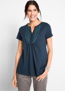 T-Shirt bonprix, Damen, Gr. 44/46 (L), blau (dunkelblau), Obermaterial: 100% Baumwolle, Shirts T-Shirt, leicht ausgestellte Passform, Rundhals-Ausschnitt mit Zierknopfleiste