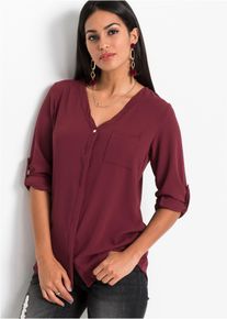Longbluse bonprix "Longbluse", Damen, Gr. 44, rot (ahornrot), Obermaterial: 97% Polyester, 3% Elasthan, unifarben, V-Ausschnitt, mit Riegel, Blusen Longbluse, bequeme Passform, verdeckte Knopfleiste, unifarben, mit Brusttasche