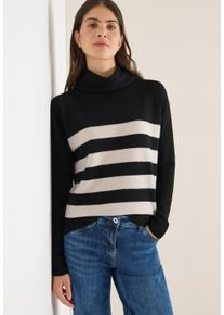 Rollkragenpullover Cecil, Damen, Gr. XXL (46), schwarz, Strick, Obermaterial: 37% Baumwolle, 34% Polyacryl, 26% Polyester, 3% Elasthan, gestreift, l&auml;ssig geschnitten h&uuml;ftbedeckend, Rundhals, B&uuml;ndchen, Pullover Rollkragenpullover, mit Colorblocking-Streifen und gro&szlig;em Kragen