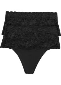 String bonprix, Damen, Gr. 38, 2 Stk., schwarz, Obermaterial: 80% Polyamid, 20% Elasthan. Netzfutter: 84% Polyamid, 16% Elasthan. Spitze: 92% Polyamid, 8% Elasthan, unifarben, figurbetont, Unterhosen String, mit breitem Spitzenbund, elastisches Material, figurbetonte Passform