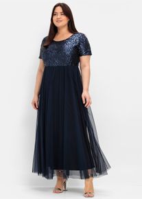 Abendkleid sheego "Abendkleid", Damen, Gr. 46, Normalgr&ouml;&szlig;en, blau (marine), 100% Polyester, unifarben, lang, Rundhals, Kleider Abendkleid