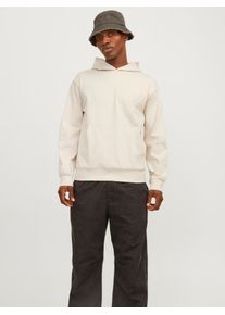 Jack & Jones Kapuzensweatshirt JACK & JONES "JCOAERO PRINT SWEAT HOOD NOOS", Herren, Gr. XS, gelb (moonbeam), angeraute Sweatware, Obermaterial: 58% Polyester, 42% Baumwolle, bedruckt, relaxed fit, Rippb&uuml;ndchen, Sweatshirts Kapuzensweatshirt