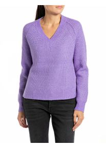 V-Ausschnitt-Pullover Replay, Damen, Gr. S, lila (lavendel), Strick, Obermaterial: 47% Polyester, 37% Polyacryl, 10% Polyamid, 6% Wolle, V-Ausschnitt, Raglan&auml;rmel, Pullover V-Ausschnitt-Pullover