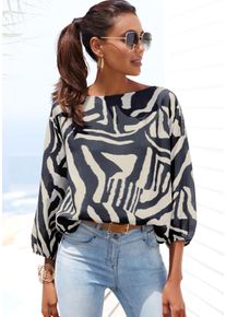 Schlupfbluse Lascana, Damen, Gr. 40/42, beige (creme, graublau bedruckt), Web, Obermaterial: 100% Viskose, bedruckt, figurumspielend h&uuml;ftlang, U-Boot-Ausschnitt, elastischer Bund mit innenliegendem Gummizug, Blusen Schlupfbluse, mit Animalprint, Damenbluse, modisch, Topseller