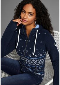 Fleecejacke Kangaroos, Damen, Gr. 32/34, blau (marine), Fleece, Obermaterial: 100% Polyester, bedruckt, ethno, gemustert, mehrfarbig, unifarben mit Farbeinsatz, bequem h&uuml;ftbedeckend, Rundhals, angesetztes B&uuml;ndchen mit Daumenl&ouml;chern, Jacken Fleecejacke, mit Norweger Muster und Kapuze