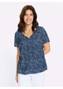 Schlupfbluse Classic Basics, Damen, Gr. 44, jeansblau, fuchsia, bedruckt, 100% Polyester, gebl&uuml;mt, gemustert, mehrfarbig, Rundhals, Blusen Schlupfbluse