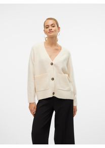V&eacute;ro Moda Strickjacke VERO MODA "VMBOOM LS V-NECK BUTTON CARDIGAN GA NOOS", Damen, Gr. L, beige (birch detail:melange), Strick, Obermaterial: 85% Polyester, 7% Polyacryl, 5% Wolle, 3% Elasthan, meliert, loose fit h&uuml;ftlang, V-Ausschnitt, Strickjacken Strickjacke