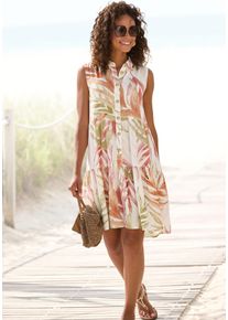 Hemdblusenkleid Lascana, Damen, Gr. 40, N-Gr, orange (sand, orange bedruckt), Web, Obermaterial: 100% Viskose, bedruckt, figurumspielend knieumspielend, hoch geschlossener Ausschnitt, Kleider Hemdblusenkleid, mit Alloverprint und Volants, &auml;rmelloses Sommerkleid, Strandkleid, Topseller