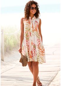 Hemdblusenkleid Lascana, Damen, Gr. 46, N-Gr, orange (sand, orange bedruckt), Web, Obermaterial: 100% Viskose, bedruckt, figurumspielend knieumspielend, hoch geschlossener Ausschnitt, Kleider Hemdblusenkleid, mit Alloverprint und Volants, &auml;rmelloses Sommerkleid, Strandkleid, Topseller