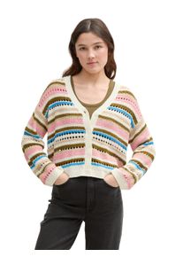 Cardigan Tom Tailor Denim, Damen, Gr. S (36), wei&szlig; (sanftes wei&szlig; olive pink stripe), Strick, Obermaterial: 55% Polyacryl, 45% Polyamid, gestreift, relaxed fit taillenbedeckt, V-Ausschnitt, Rippb&uuml;ndchen, Strickjacken Cardigan, mit Streifen Muster