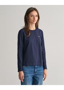 Langarmshirt Gant "REG SHIELD LS T-SHIRT", Damen, Gr. L, blau (evening blau), Single Jersey, Obermaterial: 100% Baumwolle, regular fit, Rundhals, Shirts Langarmshirt, kleine Logostickerei auf der Brust