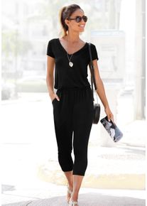 7/8-Overall Lascana, Damen, Gr. 40, N-Gr, schwarz, Jersey, Obermaterial: 95% Viskose, 5% Elasthan, normal 7/8-L&auml;nge, V-Ausschnitt, Overalls 7/8-Overall, mit V-Ausschnitt, kurz&auml;rmliger Jumpsuit, Basic, Topseller