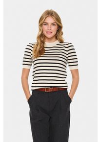 Kurzarmpullover Saint Tropez "MilaSZ SS Striped", Damen, Gr. XS, braun rice schwarz stripe, Strick, Obermaterial: 80% Viskose, 20% Polyacryl, gestreift, regular fit normal, Rundhals, Pullover Kurzarmpullover