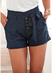Shorts Lascana, Damen, Gr. 44, N-Gr, blau (marine), Web, Obermaterial: 58% Viskose, 28% Baumwolle, 14% Leinen, figurumspielend kurz, Hosen Shorts, und Knopfleiste, kurze Hose, Leinenhose, Sommerhose, Topseller