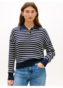 Strickpullover Tommy Hilfiger "CO CABLE FINE GG RLXD POLO SWT", Damen, Gr. L (42/44), schwarz night navy, ivory petal stp, Strick, Obermaterial: 100% Baumwolle, gestreift, relaxed fit, Pullover Strickpullover, mit Zopfmuster