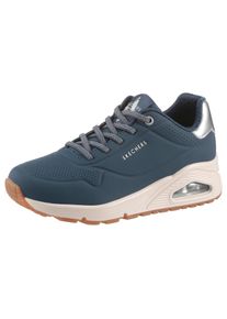 Slip-On Sneaker Skechers "UNO SHIMMER AWAY", Damen, Gr. 41, silber (navy, silberfarben), Lederimitat, kontrastfarbene Details, Schuhe Slip-On Sneaker, Slipper, Freizeitschuh, Plateausneaker mit modischem Keilabsatz