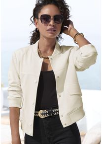 Bomberjacke Lascana, Damen, Gr. 36, beige (creme), Stoff, Obermaterial: 95% Polyester, 5% Elasthan. Futter: 100% Polyester, unifarben, figurumspielend h&uuml;ftlang, angesetztes B&uuml;ndchen, Jacken Bomberjacke, mit Druckkn&ouml;pfen, Kurzjacke, sportlich-chic, Topseller