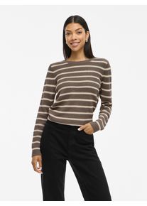 Rundhalspullover Vila "VIDALO O-NECK L/S STRIPE KNIT TOP- NOOS", Damen, Gr. XS (34), falcon stripes:sandshell, Rippstrick, Obermaterial: 100% Baumwolle, gestreift, regular fit normal, Rundhals, Pullover Rundhalspullover
