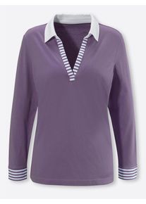 Langarmshirt Classic Basics "Langarm-Shirt", Damen, Gr. 54, wei&szlig; (feige, wei&szlig;), 100% Baumwolle, gemustert, gestreift, mehrfarbig, V-Ausschnitt, Shirts Langarmshirt