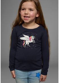 Langarmshirt Kidsworld "mit s&uuml;&szlig;em Einhorn Druck", M&auml;dchen, Gr. 92/98, blau (marine), Jersey, Obermaterial: 100% Baumwolle, bedruckt, Basic h&uuml;ftlang, Rundhals, abgesteppte Kante, Shirts Langarmshirt, lang&auml;rmlig, h&uuml;ftlange Passform, stylischer Druck