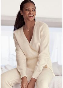 Wickelstrickjacke Lascana, Damen, Gr. 32/34, beige (creme), Strick, Obermaterial: 52% Polyester, 44% Polyacryl, 4% Elasthan, meliert, unifarben, sehr bequem h&uuml;ftlang, Rippb&uuml;ndchen, Strickjacken Wickelstrickjacke, mit breitem Rippb&uuml;ndchen, Loungewear