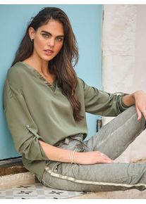 Langarmbluse Heine, Damen, Gr. 42, gr&uuml;n (khaki), 100% Polyester, unifarben, V-Ausschnitt, Blusen Langarmbluse